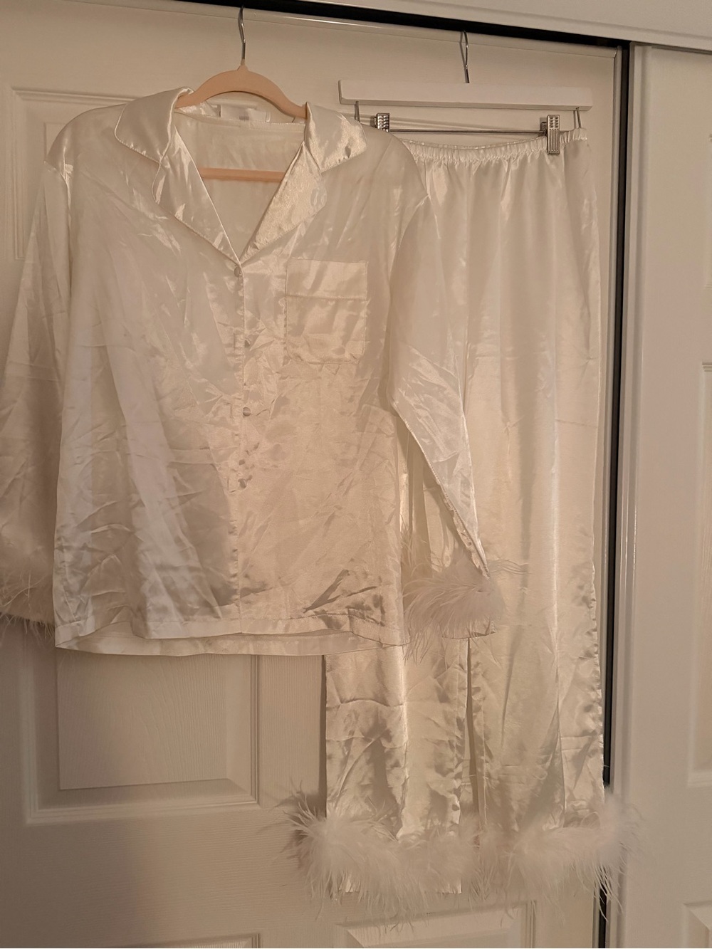 Feather-Trim Satin Pajama Set in Ivory